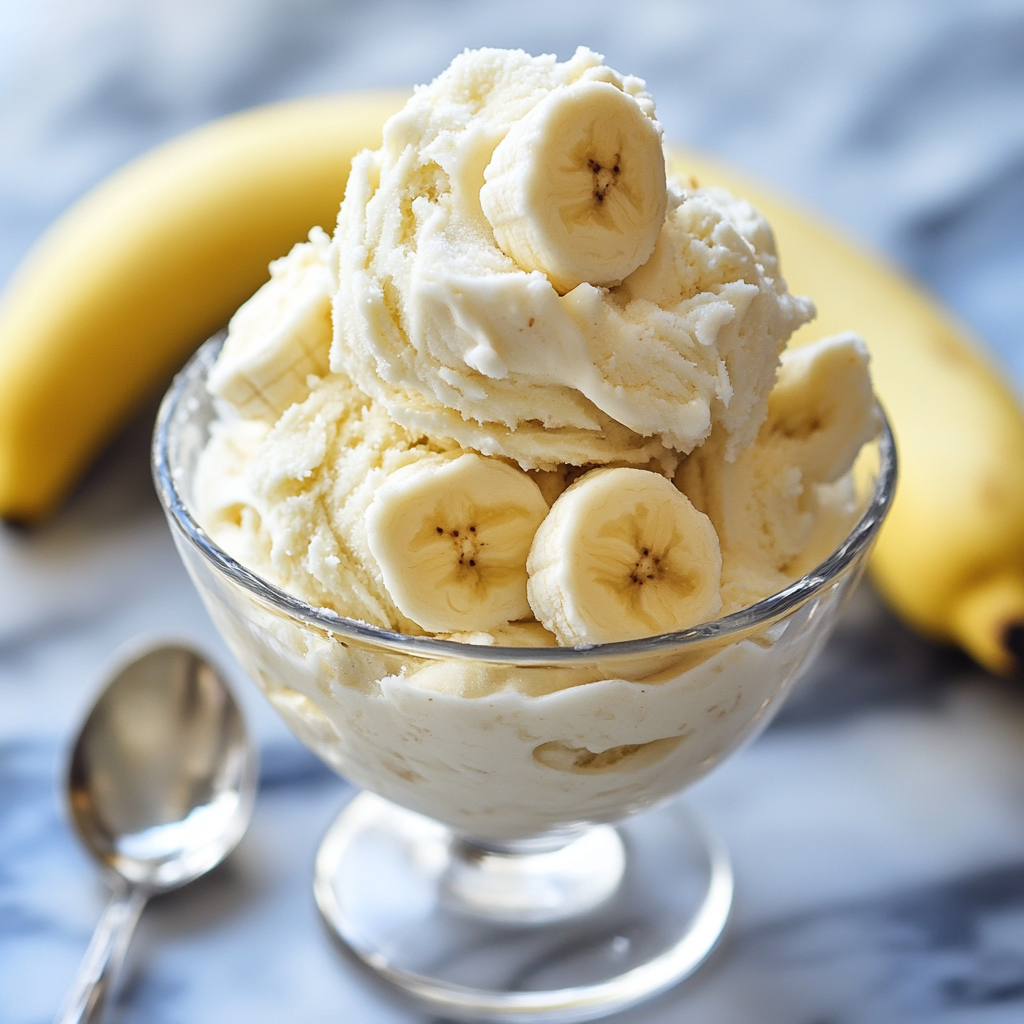 A glass dessert bowl filled with banana cream cheese frozen yogurt, garnished with fresh banana slices, with whole bananas and a spoon in the background.