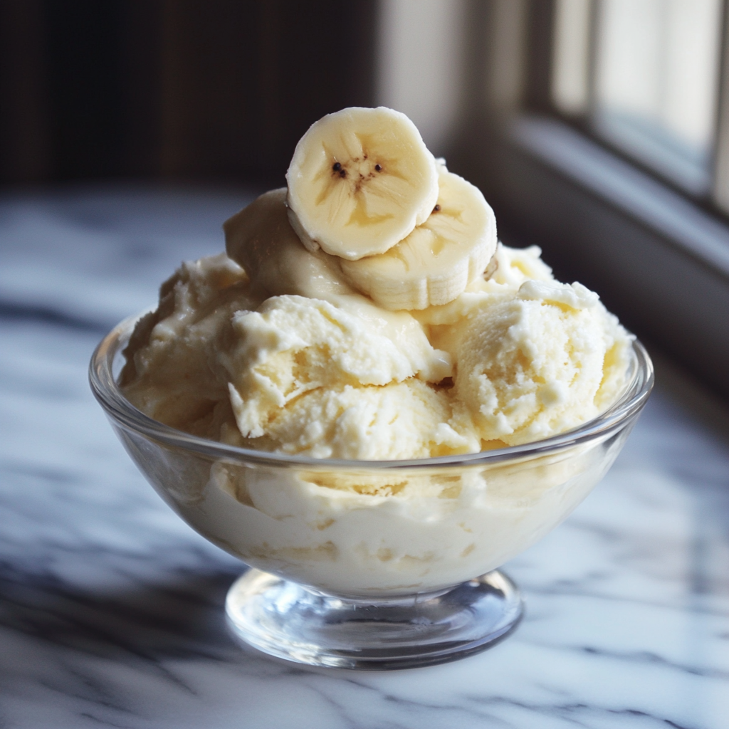 A bowl of banana cream cheese frozen yogurt topped with fresh banana slices.