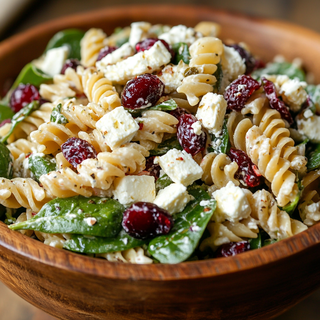 spinach pasta salad with feta and cranberries