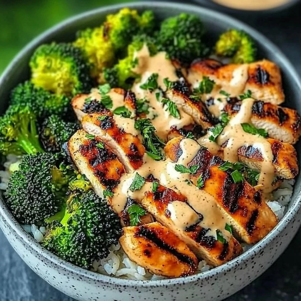 Grilled Chicken & Broccoli Bowls with Creamy Garlic Sauce