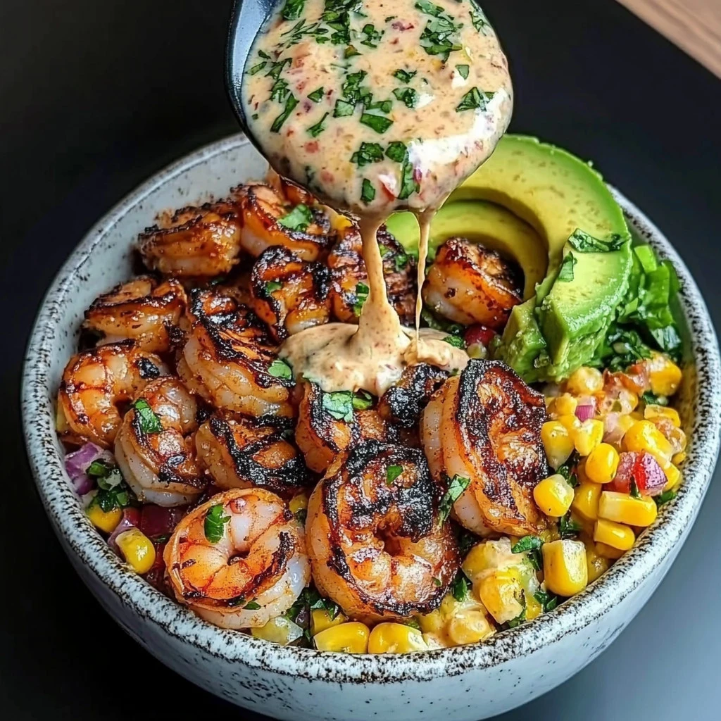 Grilled Shrimp Bowl with Avocado Corn Salsa & Creamy Sauce