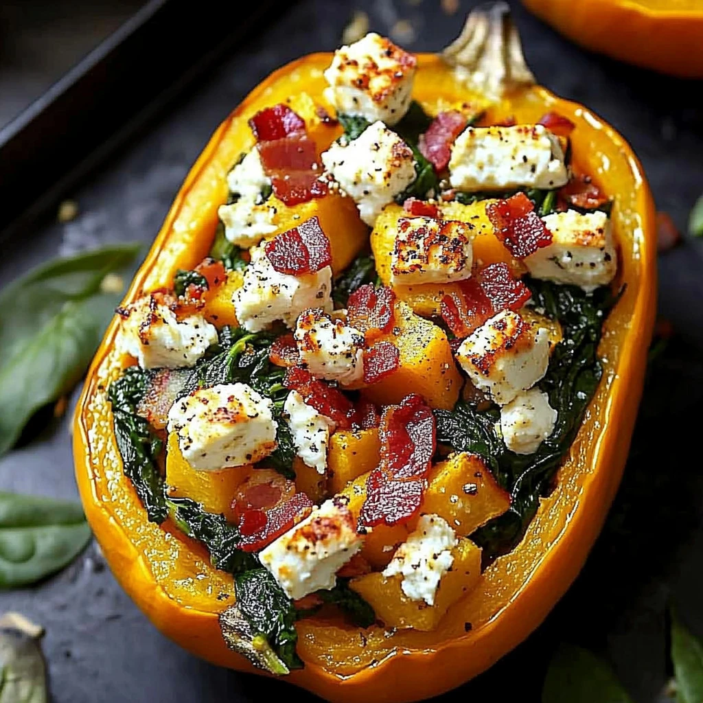 Ah, the glorious stuffed butternut squash with feta, spinach & bacon—this dish is like a warm hug after a long day! If you're looking for a way to impress your loved ones without spending all day in the kitchen, you’ve come to the right place. I promise, this recipe is a delightful treat that won’t have you feeling frazzled. With just a few simple ingredients and steps, you can create a meal that's not only delicious but also looks beautiful on the plate. Let’s dive in, shall we? Why You’ll Love This Stuffed Butternut Squash with Feta, Spinach & Bacon This stuffed butternut squash is a fantastic answer to the “What’s for dinner?” question. Perfect for busy weeknights or a cozy family gathering, this dish checks all the boxes: it’s warm, savory, and oh-so-satisfying! Plus, you’ll love how the sweet butternut squash pairs perfectly with salty feta and crispy bacon—it's a flavor match made in heaven. Trust me, when you pull this beauty out of the oven, your kitchen will smell like a gourmet restaurant! Ingredients For this scrumptious meal, you’ll need: 2 medium butternut squashes (halved and seeds removed) 200g feta cheese (crumbled) 150g fresh spinach (chopped) 150g cooked bacon (chopped; turkey bacon works great if you want a healthier option) 1 tablespoon olive oil Salt and pepper to taste 1 teaspoon dried oregano 1/2 cup breadcrumbs (optional, adds a nice crunch!) Fresh parsley for garnish (optional) Steps to Deliciousness Preheat the OvenFirst things first, preheat your oven to 400°F (200°C). We want it nice and toasty for our squash! Prepare the SquashCut the butternut squashes in half lengthwise and scoop out the seeds. It’s a little like giving the squash a makeover—out with the seeds, in with the flavor! Season with LoveBrush the insides of the squash halves with olive oil, then season generously with salt, pepper, and oregano. Make sure you don’t skip this step! Roast FranklyPlace the squash halves cut side down on a baking sheet and roast for 25-30 minutes, or until they’re tender enough to easily pierce with a fork. Sauté the Spinach and BaconWhile the squash is roasting, heat a pan over medium heat. Toss in the chopped spinach and cooked bacon. Sauté until the spinach is wilted—about 2-3 minutes. Your kitchen will start to smell like brunch! Mix It UpIn a bowl, combine the sautéed spinach and bacon with the crumbled feta cheese, and add the breadcrumbs if you’re feeling fancy. Stir until it’s nice and combined. Stuff It GoodOnce the squash is done roasting, turn the halves over and fill them generously with your stuffing mixture. Don’t hold back—let that filling overflow! Bake AgainReturn the stuffed squash to the oven for an additional 10 minutes. You want everything heated through and a little golden on top. Your patience will pay off! Garnish and ServeFinish it off with a sprinkle of fresh parsley. Voilà! You've created a dish that is as stunning as it is scrumptious! Cooking Tips Don’t Overthink It! If your filling looks a little lumpy, that’s okay! It adds character to your dish. Substitutions Are Your Friend: Feel free to swap ingredients based on what you have. Mushrooms instead of bacon? Sure! Greek yogurt instead of feta? Why not! Make It Ahead: You can prepare the squash ahead of time and stuff it before baking. Great for busy days! A Personal Touch Let me tell you, the first time I made this stuffed butternut squash, it instantly became a family favorite! My kids were reluctant at first—“Mom, why do we have to eat ‘weird’ food?”—but once they took that first bite, it was game over. They practically fought over the last piece, and that’s when I knew I had a winner! FAQs Can I substitute some of the ingredients in this recipe?Absolutely! Feel free to swap out the bacon for turkey bacon or even go meatless. This dish is very forgiving! How can I store leftovers?You can store any leftovers in an airtight container in the fridge for up to 3 days. Just reheat in the oven for the best results! You’re just one delicious dinner away from being the family hero. Serve this stuffed butternut squash with feta, spinach, and bacon and watch as everyone savors every bite. So, roll up those sleeves, and let’s get cooking! Your taste buds will thank you.